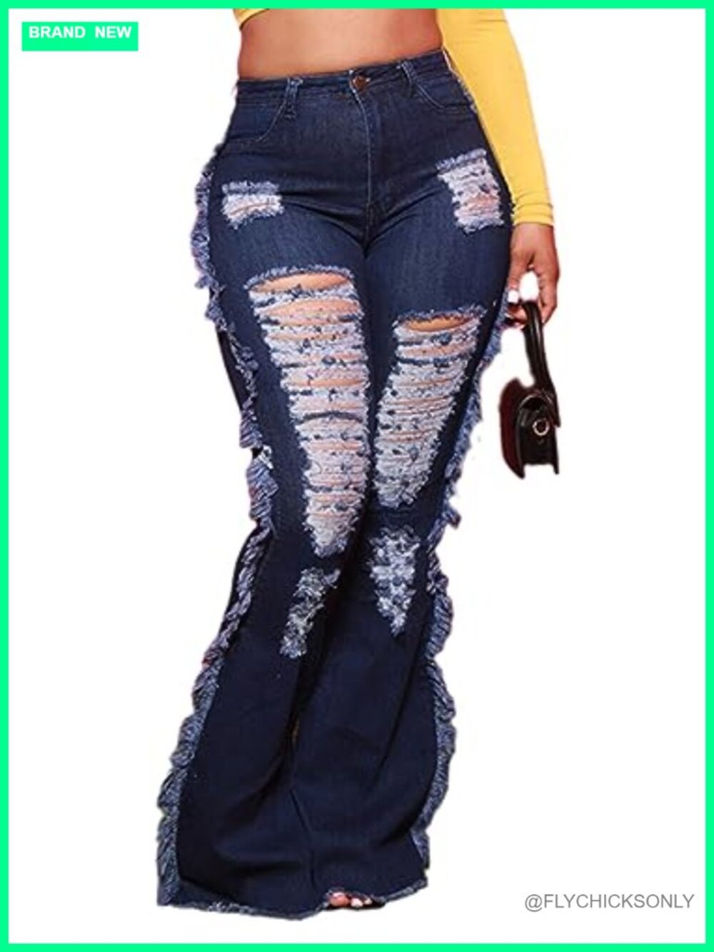 High Waisted Flare Bell Bottom Jeans Ripped Stretch Denim Tummy Control